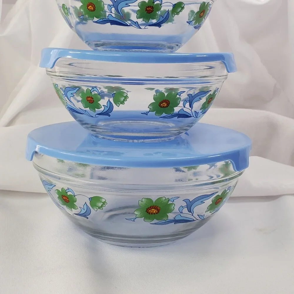 Vintage Imperial Glass Blue Green Flower Nesting Bowls Storage 1970's Set of 4 - Picture 5 of 14